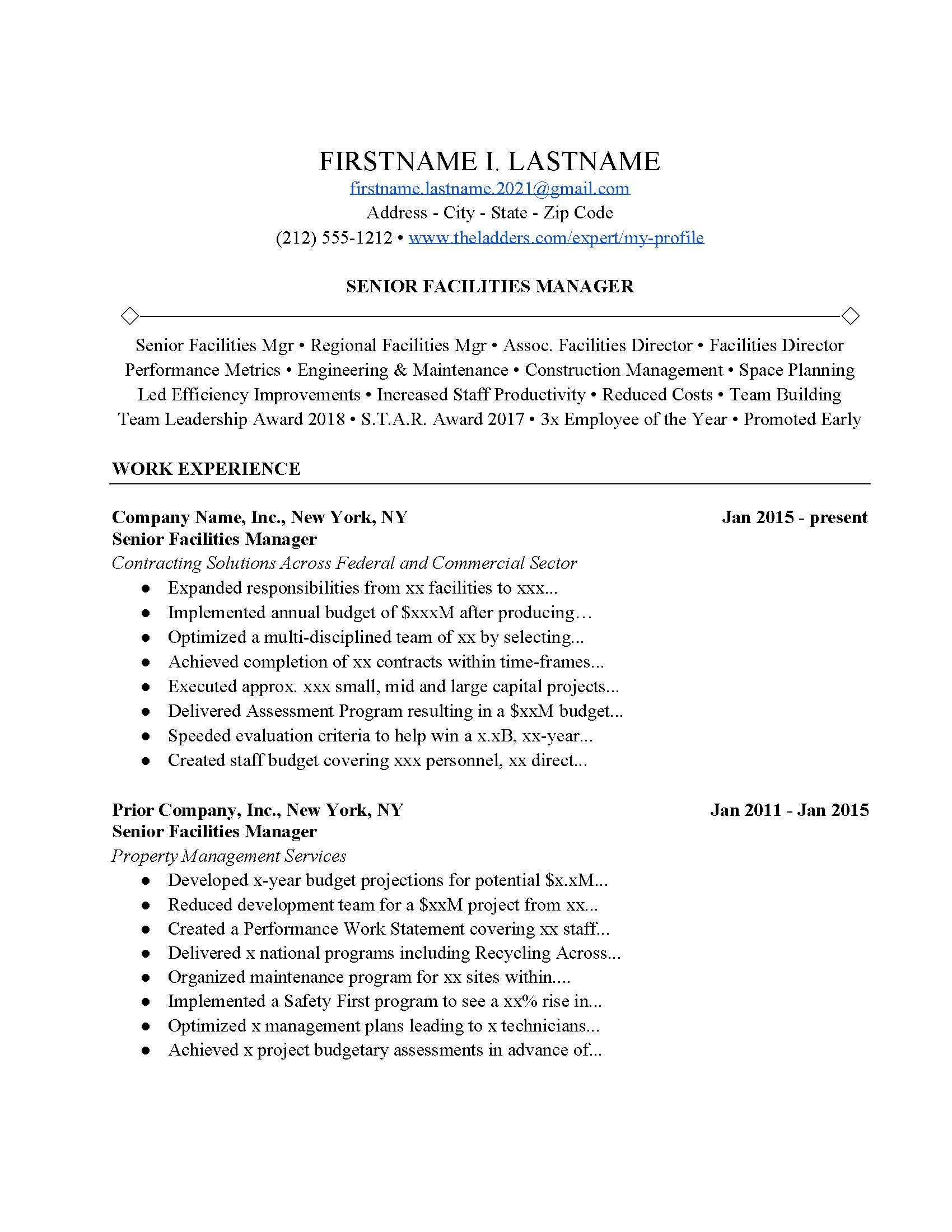 cover letter examples for resume facilities management